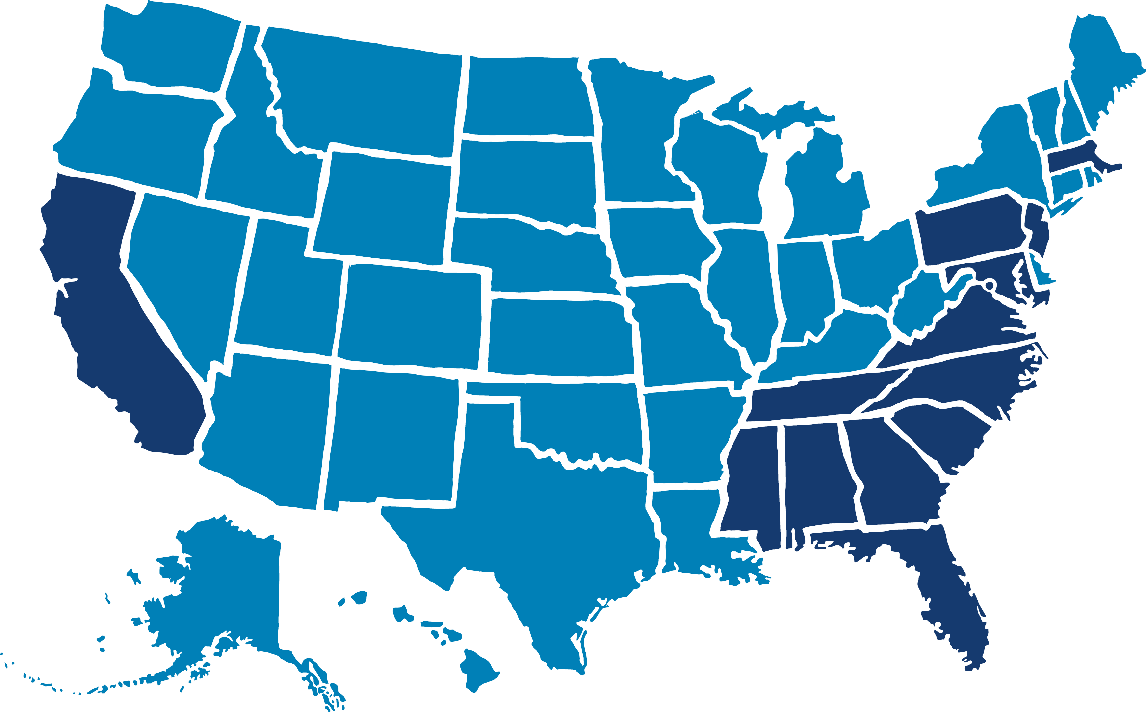 A map of the United States is shown with two different colors. One for California and the Southeast United States, and one for the rest of the states