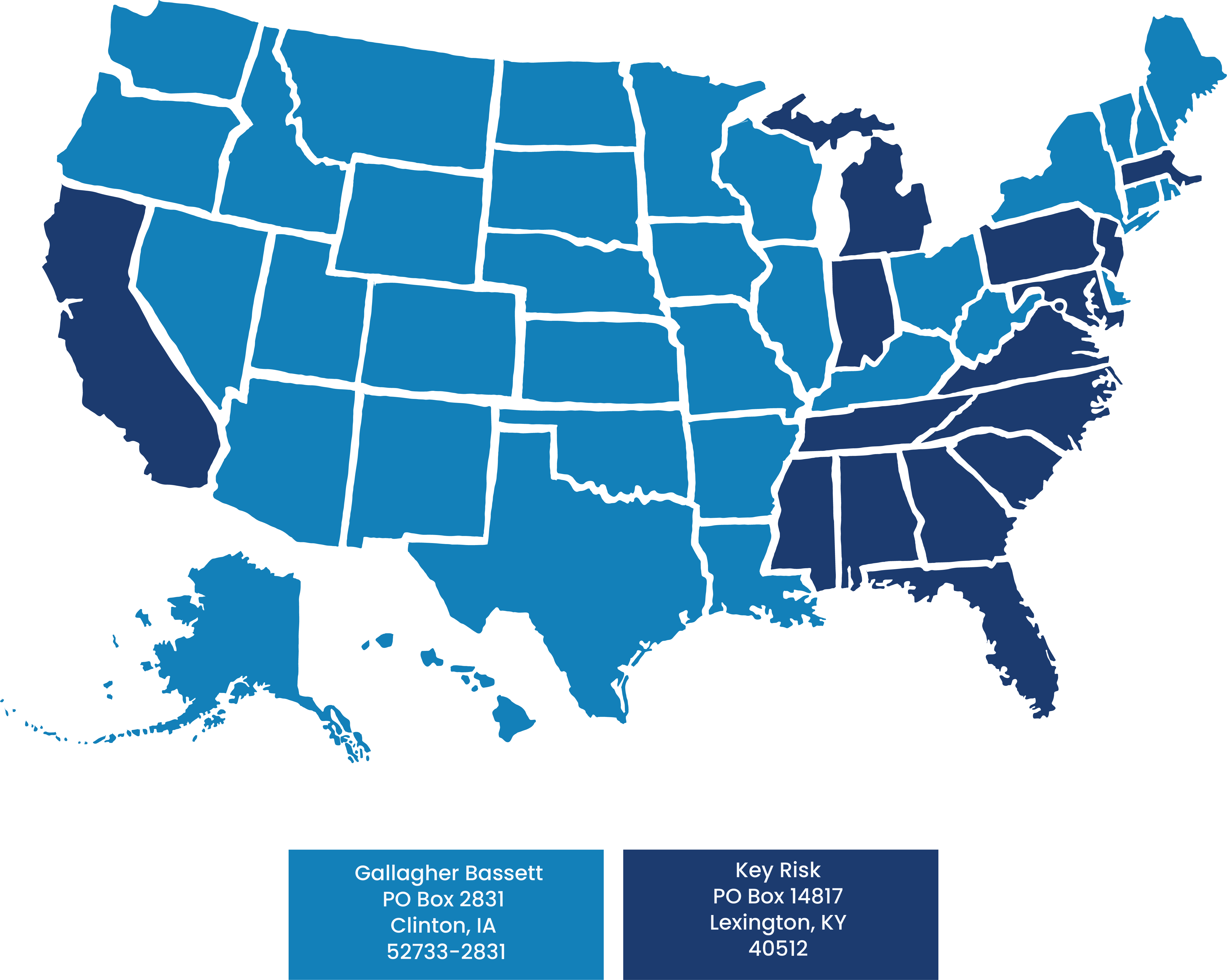 Find information below about where you can send your medical bills, supporting documentation, and non-medical invoices A map of the United States is shown with two different colors. One for California and the Southeast United States, and one for the rest of the states