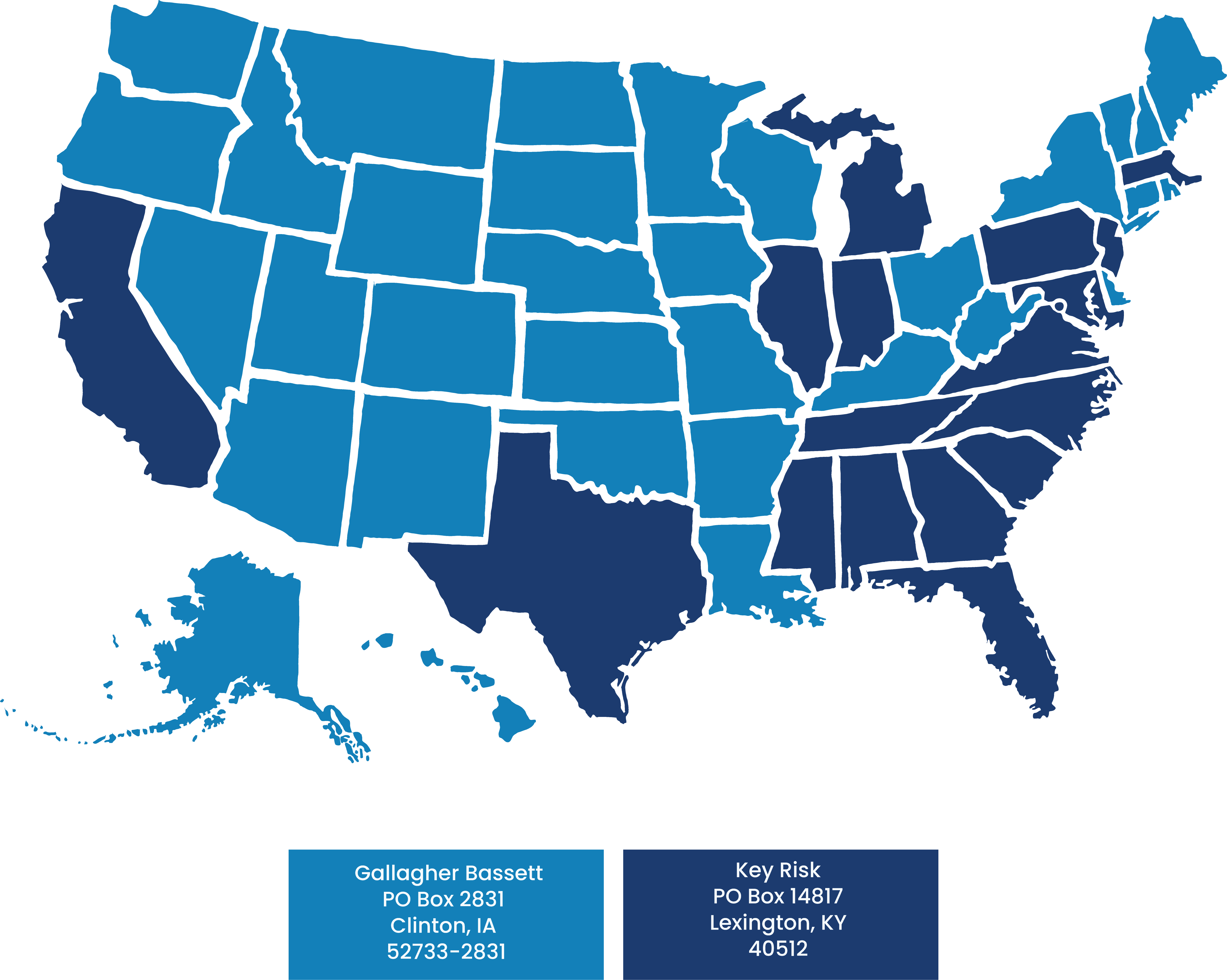 A map of the United States is shown with two different colors. One for California and the Southeast United States, and one for the rest of the states